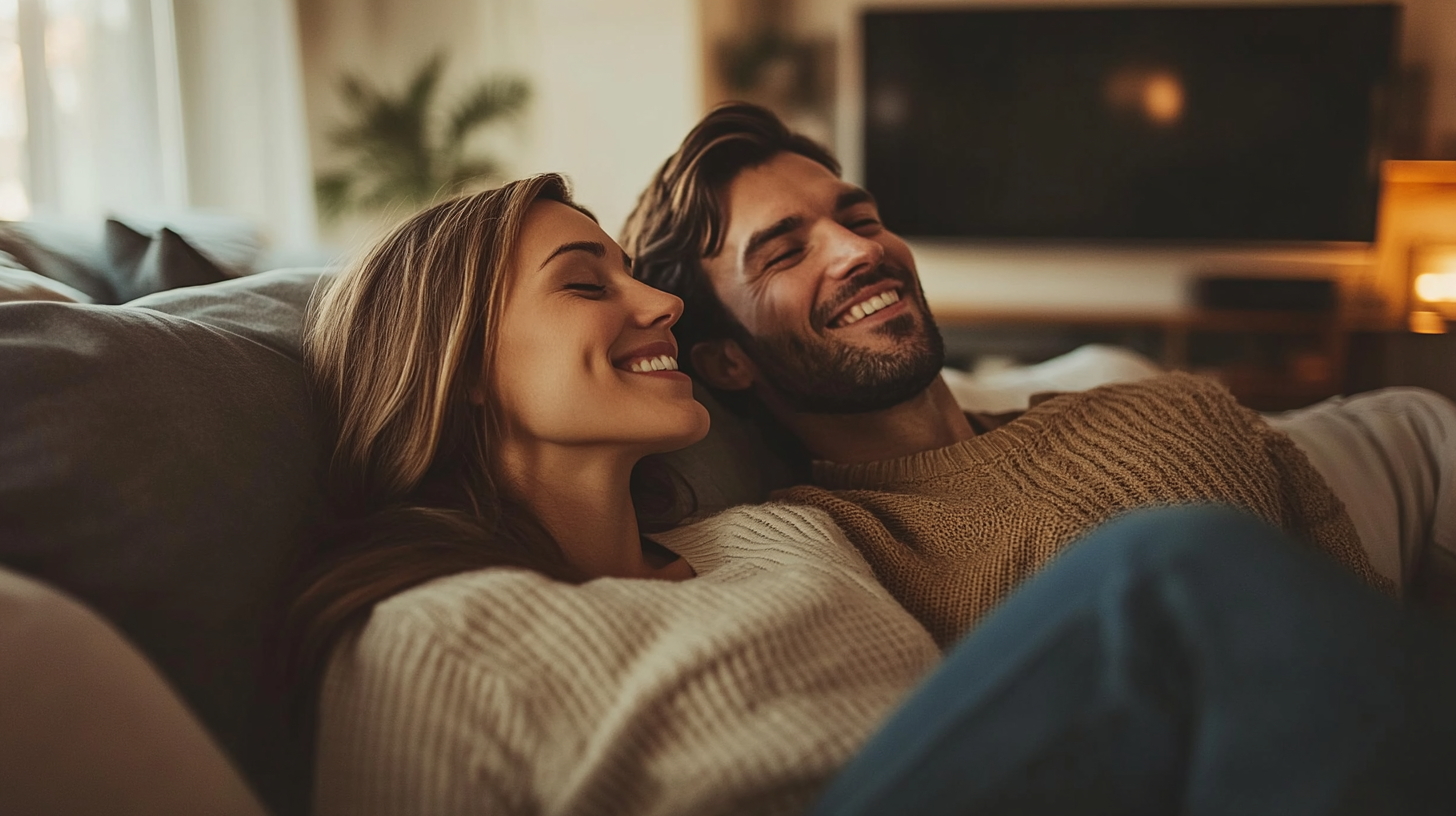 Glückliches Paar liegt lächelnd und entspannt auf der Couch in ihrem gemütlichen Zuhause.