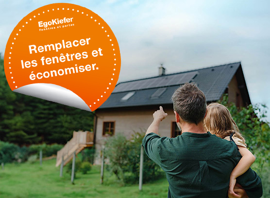 Homme avec enfant montrant une maison avec panneaux solaires, à côté un bouton orange avec l'inscription 'Changer complètement et économiser'